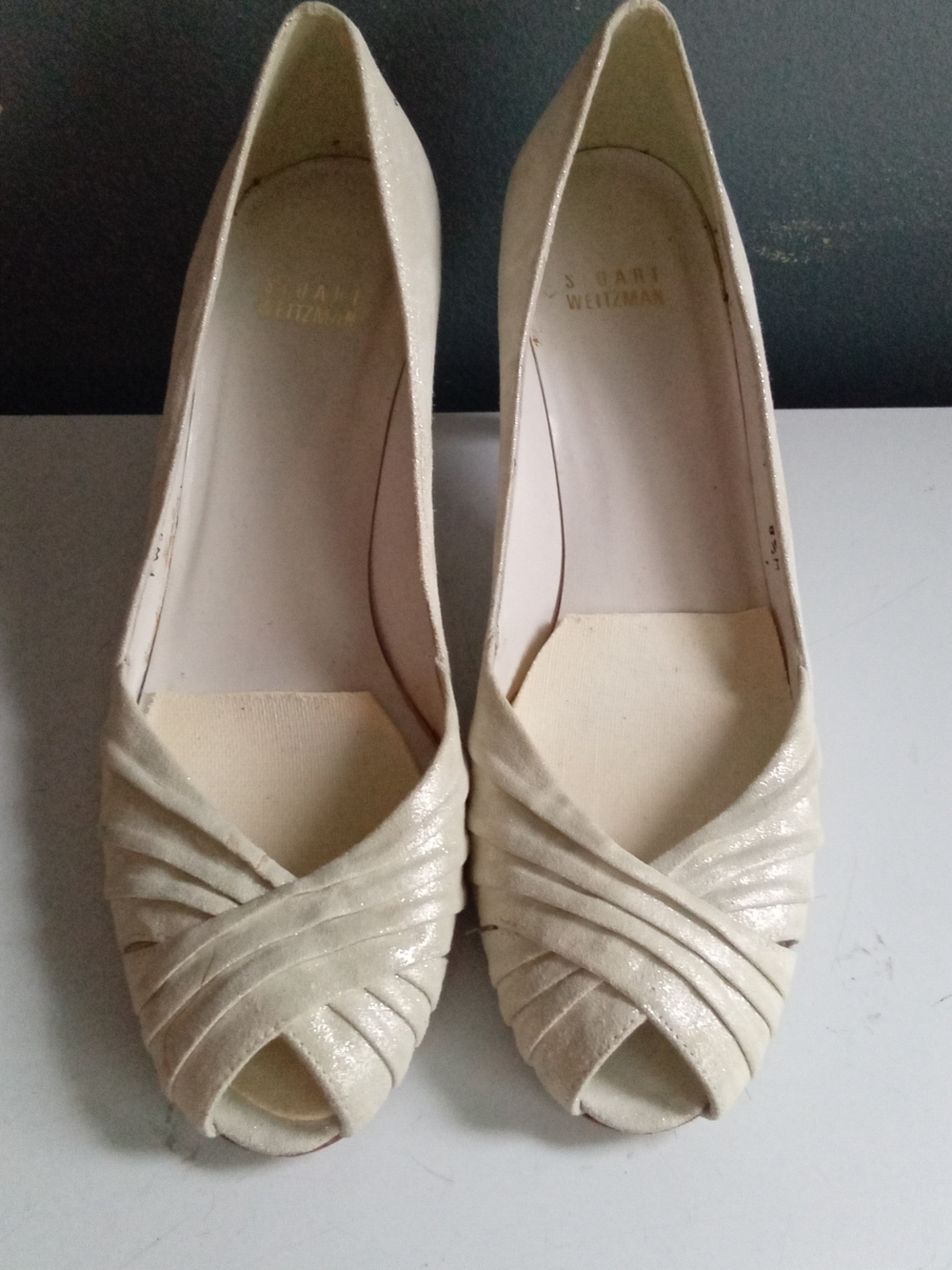 Stuart Weitzman Cream Shimmery Peep-Toe Heels